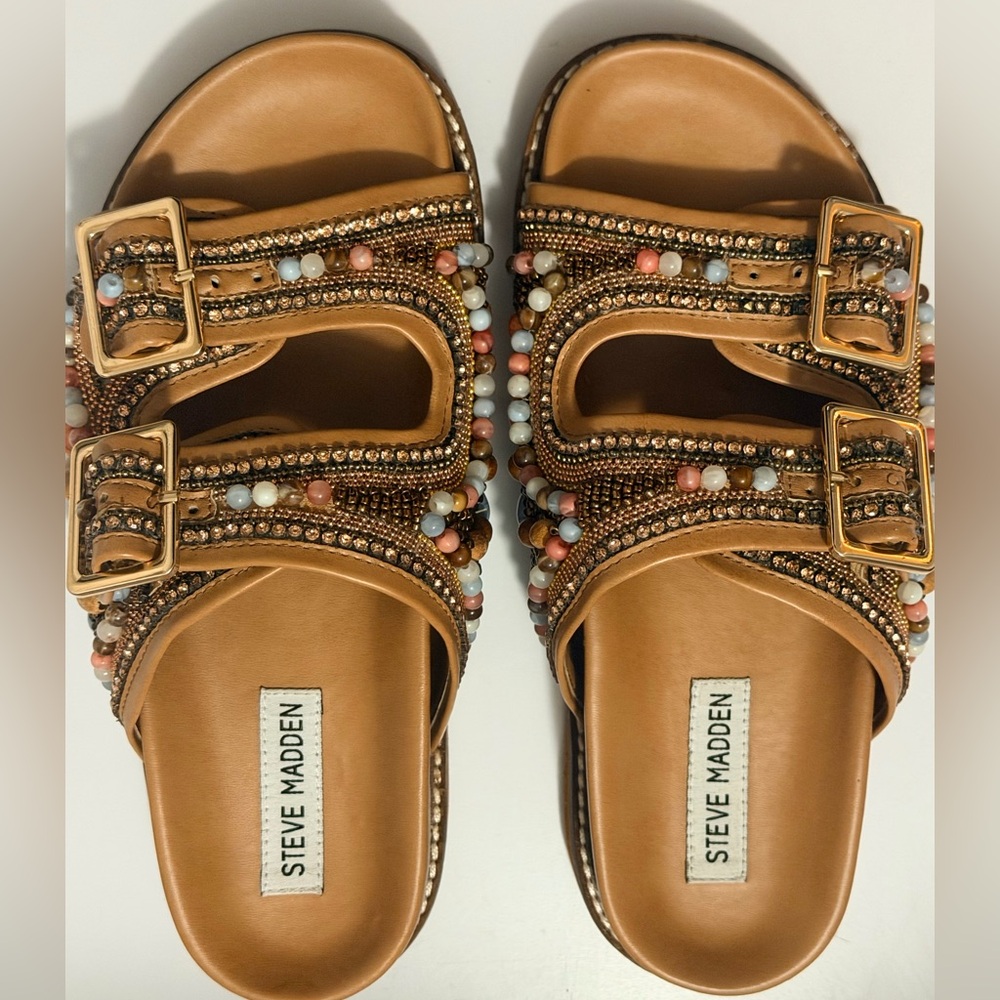Beautiful Steve Madden Tan Beaded Double Slide Sandals with Multicolor Beads